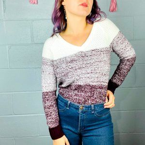 Purple & White Ombre Long Sleeve Knit V Neck Sweater size Large